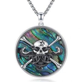 Skull Necklace for Men 925 Sterling Silver Pendant Necklace Skull Pirate Viking Jewelry Abalone Shell