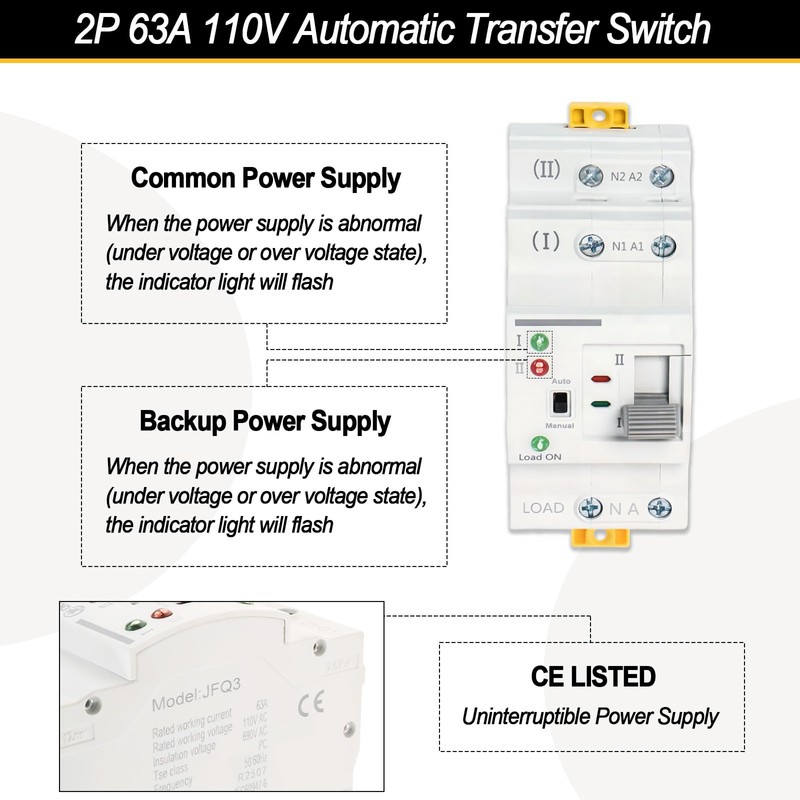 Ketofa 2P 63A 110V Automatic Transfer Switch, Uninterruptible Power, White