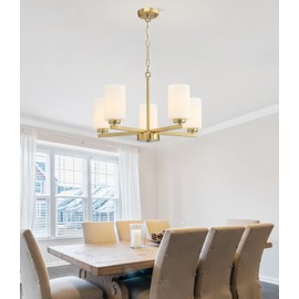 QUENEY 5-Light Brushed Gold Chandeliers for Dining Room Light Fixtures Over Table, Industrial Hanging Lighting with Milk White Glass Lampshade,for Living Room Kitchen Island Entryway Bathroom Bedroom