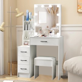 Bedroom Vanity Makeup Dressing Table Set with 10 Led Light Mirror and 4 Drawers