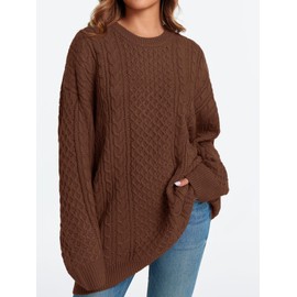 Saodimallsu Womens Oversized Sweaters Chunky Cable Knit Crewneck Long Sleeve Loose Tunic Mini Sweater Dresses Brown