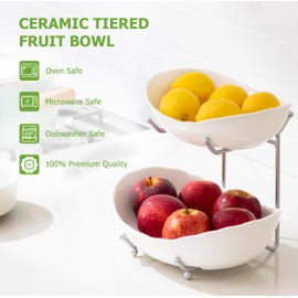 HBlife Fruit Bowl for Kitchen Counter - 2 Tier Ceramic Fruit Bowl with Metal Stand, Tiered Fruit Basket for Kitchen, Snack, Dessert Tray Plate Rack for Party