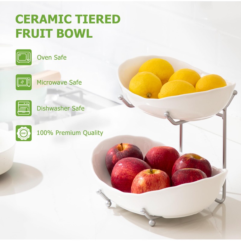 HBlife Fruit Bowl for Kitchen Counter - 2 Tier Ceramic