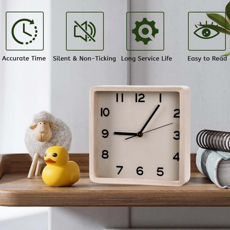 Maxspace Wooden Wall Clock, 8 Inch Non-Ticking Silent Square Wall