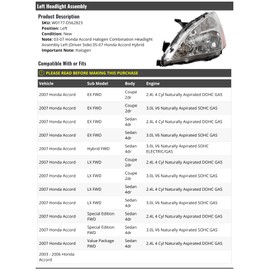 Left Driver Side Halogen Headlight Assembly - Compatible with 2003-2007 Honda Accord