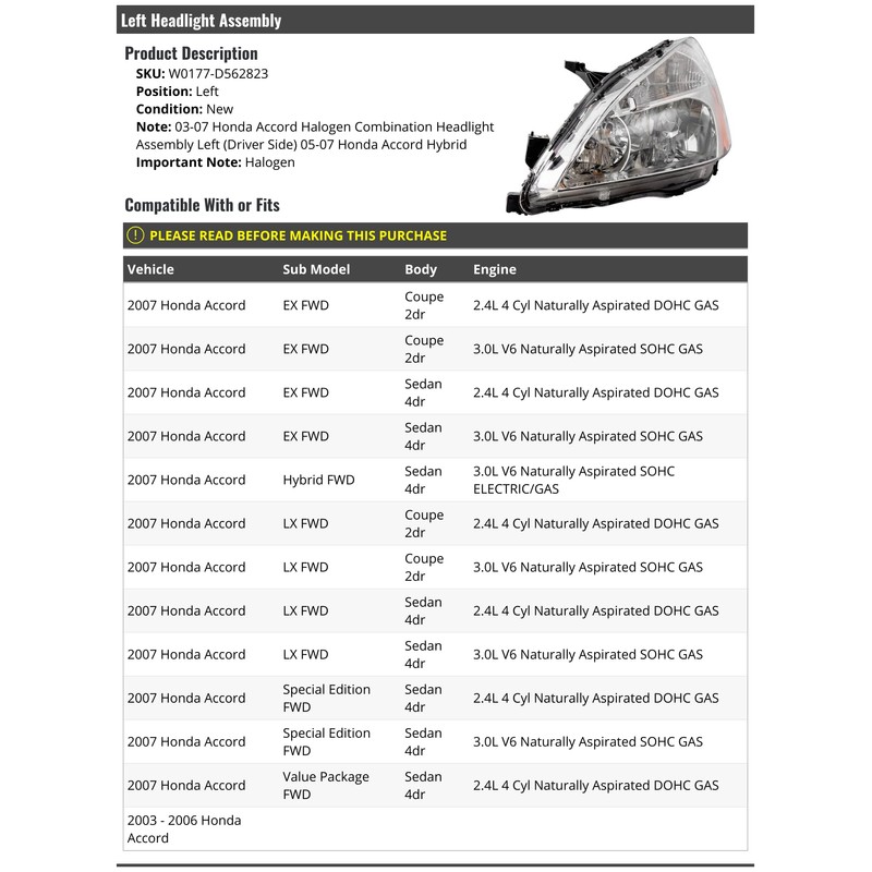 Left Driver Side Halogen Headlight Assembly - Compatible with 2003-2007