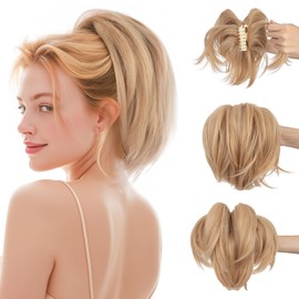 SEGO SEGOHAIR Claw Clip Short Ponytail Hair Extensions for Women, DIY Bendable Metals Messy Bun Hair Piece, Straight Synthetic Fake Hairpieces #24 Neutral Blonde