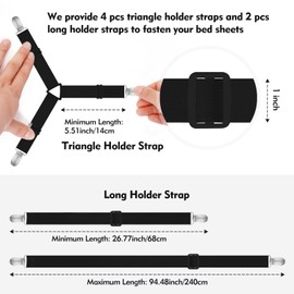 Bed Sheet Holder Straps, 4+2 Pcs Adjustable Mattress Sheet Clips, Bed Sheet Fasteners Elastic Sheet Suspenders to Keep Bed Sheet in Place for Different Beds (Black)