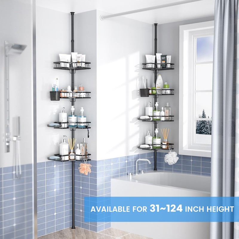 Corner Shower Caddy Tension Pole: 4-Tier Adjustable Rustproof Bathroom Organizer
