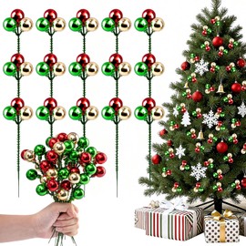 15 Pcs Christmas Tree Picks Decorations 8 Inches Shatterproof Wired Picks with Red Green Gold Balls for Tree Garland Vase Centerpiece Stairs Decor