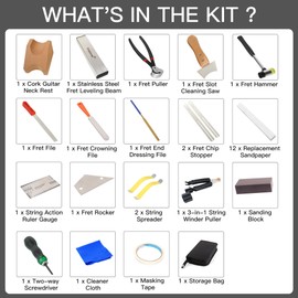 Guitar Luthier Fret Repairing Maintenance Setup Tool Kit with Guitar Neck Rest Fret Puller Chip Stopper Leveling Beam Slot Cleaning Saw Files Hammer Rocker String Action Ruler Gauge Spreaders