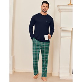 Ekouaer Men's Winter Pyjamas 2 Piece Round Neck Homewear Set Long Sleeve Pajama Sets with Elastic Waistbands, Navy Blue, S
