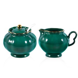 Creamer Pitcher and Sugar Bowl Set, Small Ceramic Cream Container with Handle & Sugar Pot with Lid and Spoon, Food-Safe and Lead-Free, Green