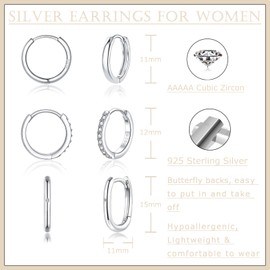 Zolkamery Earrings Hoops, 3 Pairs Small Sterling Silver Oval Hoop Earrings for Women, White Gold Hypoallergenic Sleeper Huggie Hoop Earring, Small Zircon Unisex Multi Pierced Earring for Men 11mm