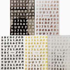 10 Sheets Letter Nail Stickers Alphabet Nail Art Stickers Letter Nail Art Stickers Old English Alphabet Nail Decals for Home DIY Nail Decoration, 5 Colors