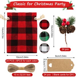 72 Pcs Christmas Drawstring Burlap Bags Set 24 Xmas Buffalo Plaid Red Green Black White Candy Bags Linen Treat Bags with Kraft Tags Artificial Pine Picks and Rope Xmas Gift Wrapping Party Favor