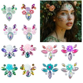 Forehead Face Gem Jewels Tattoo Stickers for Women Girls, Self-Adhesive Face Eye Diamond Rhinestones Stick on Forehead Decals for Spring Theme Flowers Makeup Body Decoration (Medium, Count, 8)