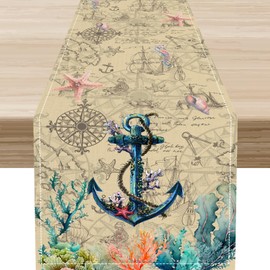 Nautical Anchor Table Runner, Retro Coastal Treasure Map Coral Plant Starfish Ship Anchor Vintage Farmhouse Kitchen Dining Table Scarf for Kitchen Living Room Home Party Decor 13"x36"