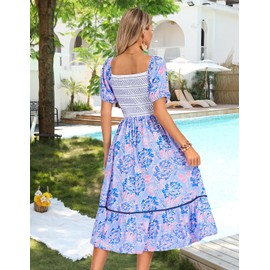 Women's Summer Floral Boho Dresses Casual Square Neck Smocked Flowy Tiered Beach Midi Dress with Pockets(Purple Floral, XL)