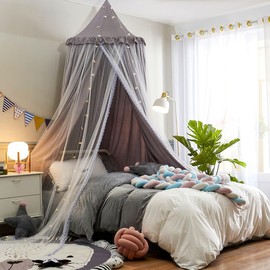 HUOQOU Bed Canopy for Girls Double Layer Princess Round Dome Children Dreaming Mosquito Net Bed Linen Girls Room Castle Play Tent Hanging House Decor Reading Corner Canopies(Grey/White)