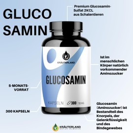 Kräuterland Glucosamine Capsules - 300 Capsules, High Dose 750 mg each, Daily Dose 1500 mg - 100% Pure Glucosamine Sulphate Powder in Premium Quality