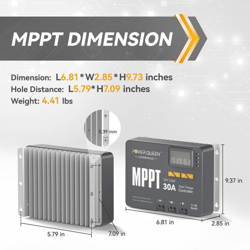 Power Queen 12/24V 30 Amp MPPT Solar Charge Controller with