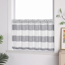 ESLIR Striped Kitchen Curtain Panel Curtain Drawstring Bistro Curtain Country House Short Curtain Semi-Transparent Linen Grey H x W 60 x 120 cm Pack of 1