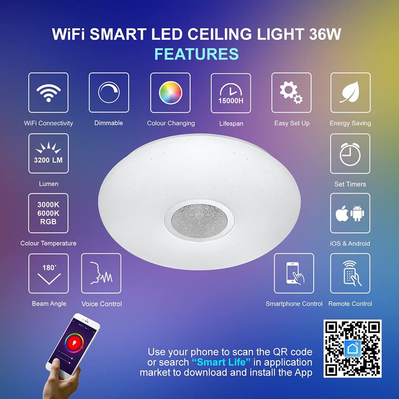 36w Round LED Ceiling Light Dimmable RGB Smart WiFi Mood