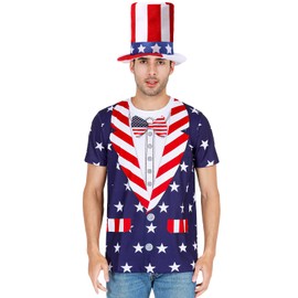 Funny World Mens Uncle Sam Costume American Flag Shirt Mens 4th of July Day Outfits with Patriotic Top Hat, Blue Costume Set, X-Large