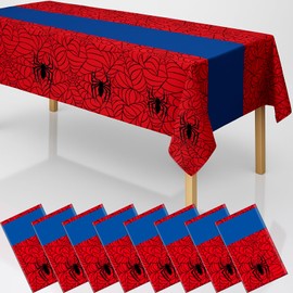 byojia 8Pcs 2in1 Spider Birthday Party Decorations Tablecloth, 54" x 108" Super Hero Table Cloth Disposable Rectangle Plastic Table Cover for Kids Baby Shower Wedding Party Supplies