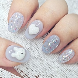 Heart bear handmade nail tips - Coffin / 하트 곰돌이 수제네일팁 - 코핀