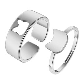 Chereda 2PCS Matching Cute Animals Promise Engagement Rings Lovers Gift for Couples Boyfriend Jewelry 316L Stainless Steel Adjustable Open Ring (Cat-s, Adjustable)