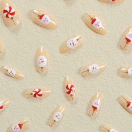 Christmas Press on Nails Short Almond Winter Fake Nails Nude Full Cover Santa Claus False Nails with Snowman Designs Candy Glossy Glue on Nails Cute Acrylic Manicure Artificial Nails for Women Girls