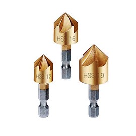 Countersink Drill Bit Set 3 Pcs 1/4'' Hex Shank High Carbon Steel 5 Flute Countersink 90 Degree Center Punch Tool Sets for Wood Quick Change Bits 12mm 16mm 19mm