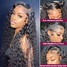 BASEMMAHER Deep Wave Lace Front Wigs Human Hair Glueless Pre Plucked 13x4 HD Lace Frontal Human Hair Wigs 180% Density Pre Plucked Pre Cut With Baby Hair Natural Black Wigs for Black Women (28 Inch)