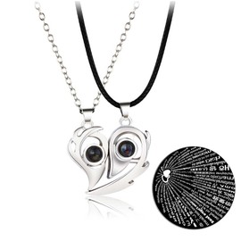 Magnetic Matching Necklaces for Couples, 100 Languages I Love You Projection Necklace Love Heart Pendant Necklace Romantic Gifts for Boyfriends Girlfriend, Valentine's Day Anniversary, Silver
