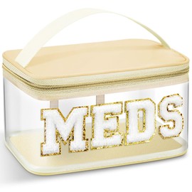 Neceser de Letra de Chenilla Bolsa de Maquillaje de Nailon Portátil Bolsa de Cosméticos de Parche Preppy con Cremallera Cosmetiquera de Almacenamiento de Artículos de Aseo (Beige, Rústico MEDS)