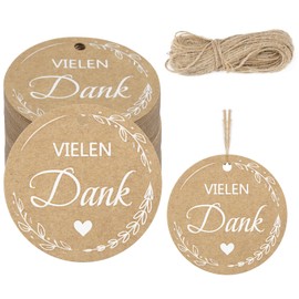 Pack of 100 Thank You Gift Tags, 5.5 cm Round Thank You Cards Pendants, Thank You Gifts, Kraft Paper Tags with String 20 m, Label Tags for Weddings, Parties, DIY Gifts