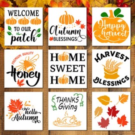 9 Pieces Autumn Stencils for Painting on Wood - Thanksgiving Day Fall Good Harvest for Home Decor - Pumpkin Maple Leaf Stencil - DIY Farmhouse Home Wall Decor, Reusable Templates Stencil 8 x 8 inch