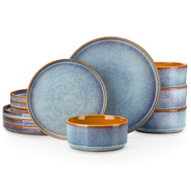 vancasso ONION Ceramic Plates and Bowls Sets, 12 Pieces Blue Dinnerware Sets for Kitchen, Reactive Glaze Dishes Set for 4, Dishwasher and Microwave Safe