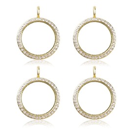 WANDIC Rhinestone Photo Charms, 4 pieces Gold Round Memory Locket Pendant Bridal Wedding Bouquet Charms for Photo or Decoration, 30mm