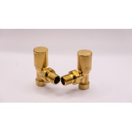 Round Brushed Gold Valve Set - Heated Towel Rail/Radiator Block Valves (Twin Pack) with Round Metal Handles Brush Brass (Brushed Brass Angle Valve Set)