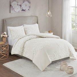 Madison Park Queen Comforter Set Floral Chenille Tufted Cotton Comforter for Queen Size Bed, Soft & Lightweight Down Alternative Queen Bedding Set, Shams, Veronica, Full/Queen Off White 3 Piece