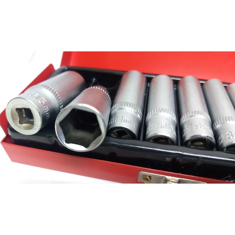 9 Piece Socket Set Long 1/4" Chrome Vanadium 5mm to