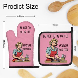 DYJYBMY Be Nice to Me Or I'll Poison Your Food Funny Oven Mitts and Pot Holder Set, Vintage Pink Kitchen Gadgets for Women, Baking Gifts for Mom Sister BFF Chef Friend Hostess Housewarming Gifts