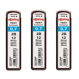 Rotring Tikky 0.7mm 2B Hi-Polymer Strong Dark Pencil Lead Refills for Mechanical Pencils - 36 Leads in Total - Pack of 3 Tubes