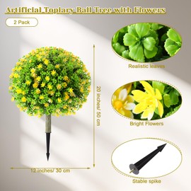 Yunlly Set of 4 Artificial Topiary Ball Tree with Flowers 20 Inch Outdoor Topiary Tree with Ground Spike Fake Bushes UV Resistance Faux Shrubs Evergreen Plant for Front Porch Indoor Decor (Yellow)