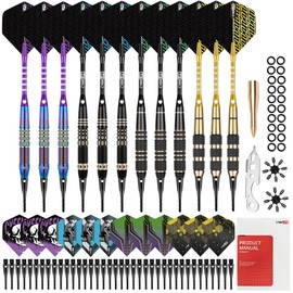 CyeeLife Darts Plastic Tip,Professional Soft Tip Darts Set for Electronic Dartboard 12pcs with 50 Extra Tips 12 Shafts 24 Flights 2 Flight Protctors 20 Rubber O Rings Shaft Lock System and Dart Tool