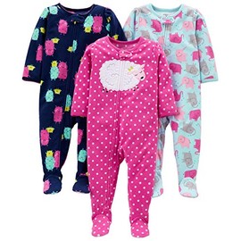 Simple Joys by Carter's Baby Girls' 3-Pack Loose Fit Flame Resistant Fleece Footed Pajamas, Blue Elephant/Navy Monster/Pink Dots, 3T