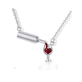 Elegant Wine Bottle Cup Pendant Neckalce Copper Polishing Red Zircon Crystal Fashion Necklace for Women Jewelry (Silver)